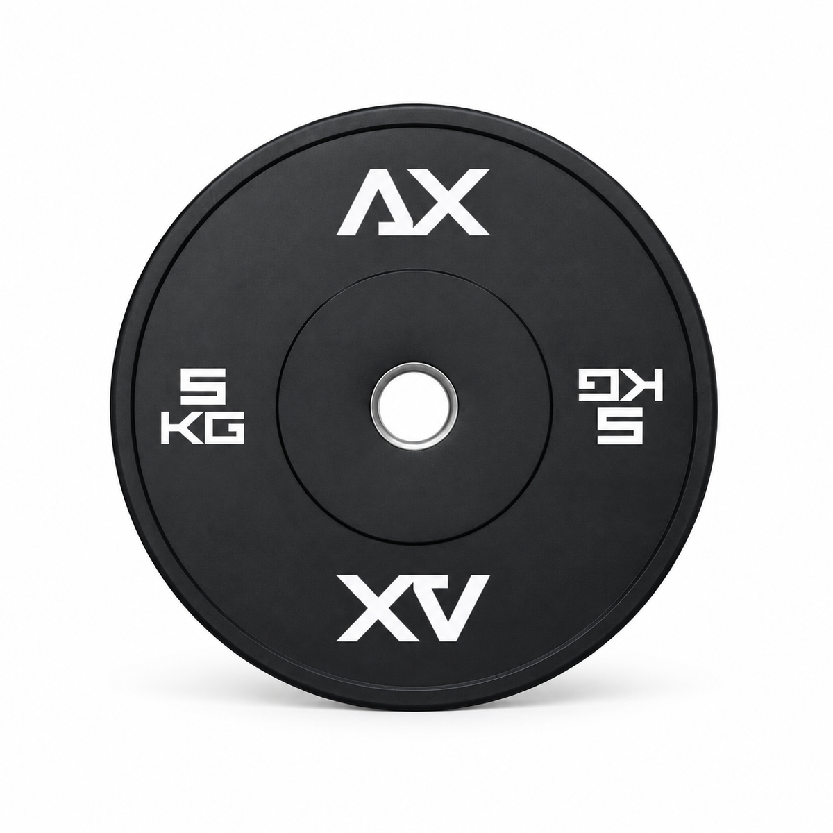 Axiom Strength Black Series 5kg bumper plate with white weight markings and a silver centre insert on a white background.