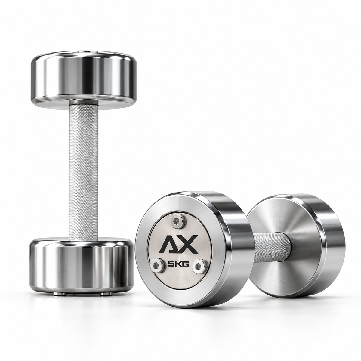 Axiom Strength Chrome steel dumbbell pair with knurled silver handles, shown as a 5kg pair on a white background.