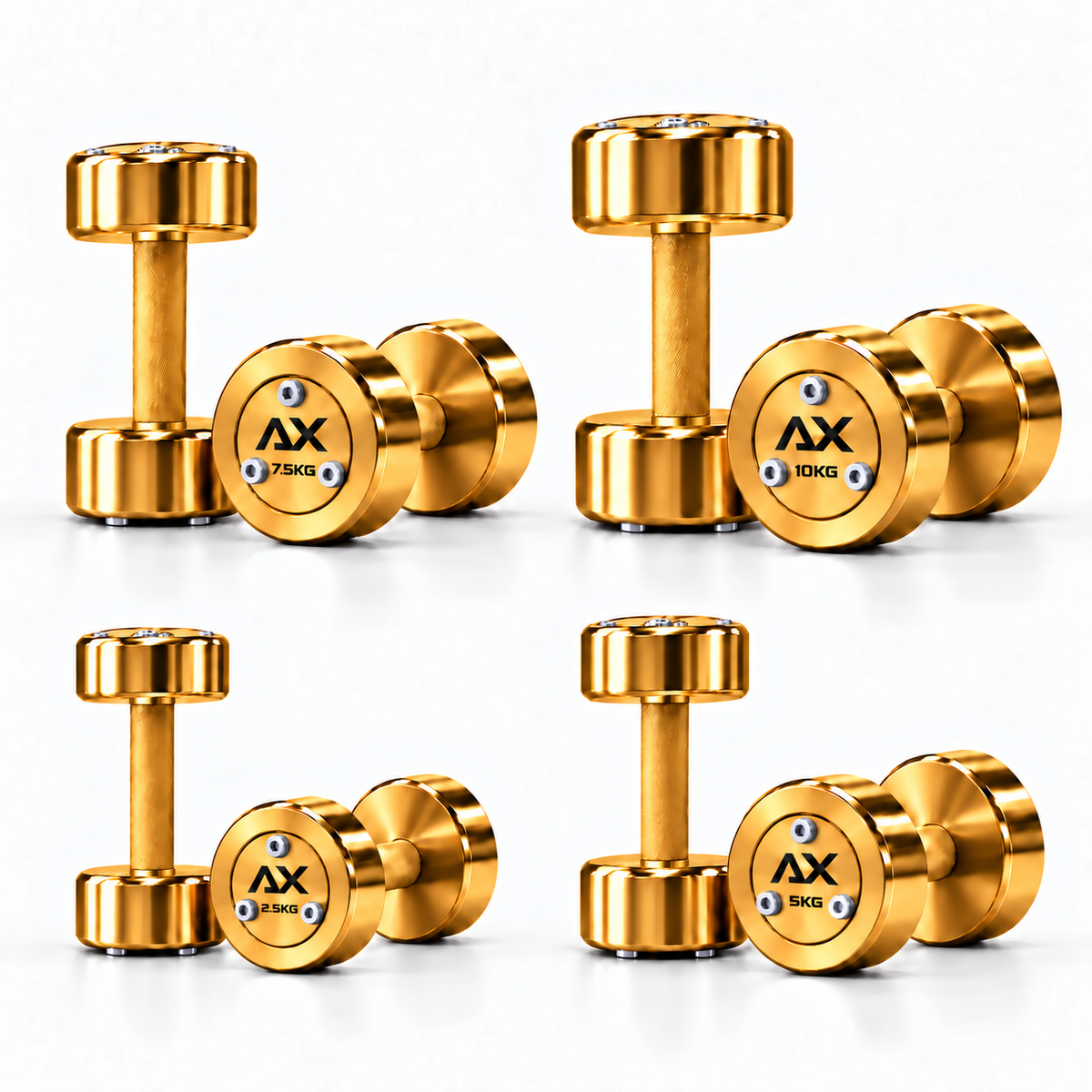 Axiom Strength Gold steel dumbbell set with gold knurled handles, gold faceplates, silver bolts and black AX weight markings, illustrating four pairs on a white background.
