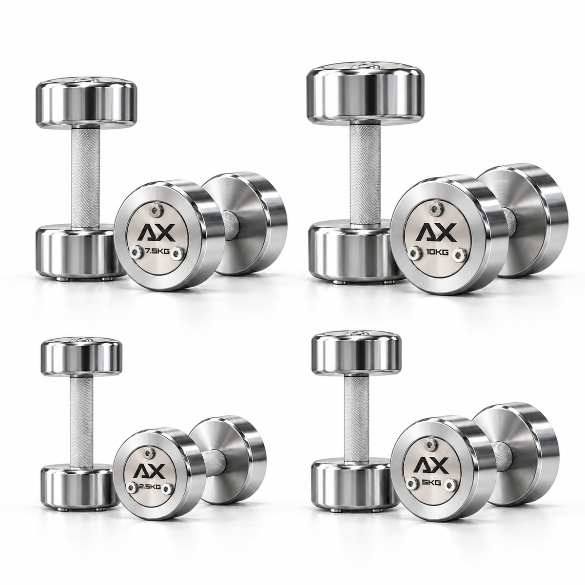 Axiom Strength Chrome steel dumbbell set, illustrating four pairs from 2.5kg to 10kg on a white background.