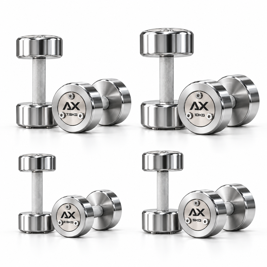 Axiom Strength Chrome steel dumbbell set, illustrating four pairs from 2.5kg to 10kg on a white background.