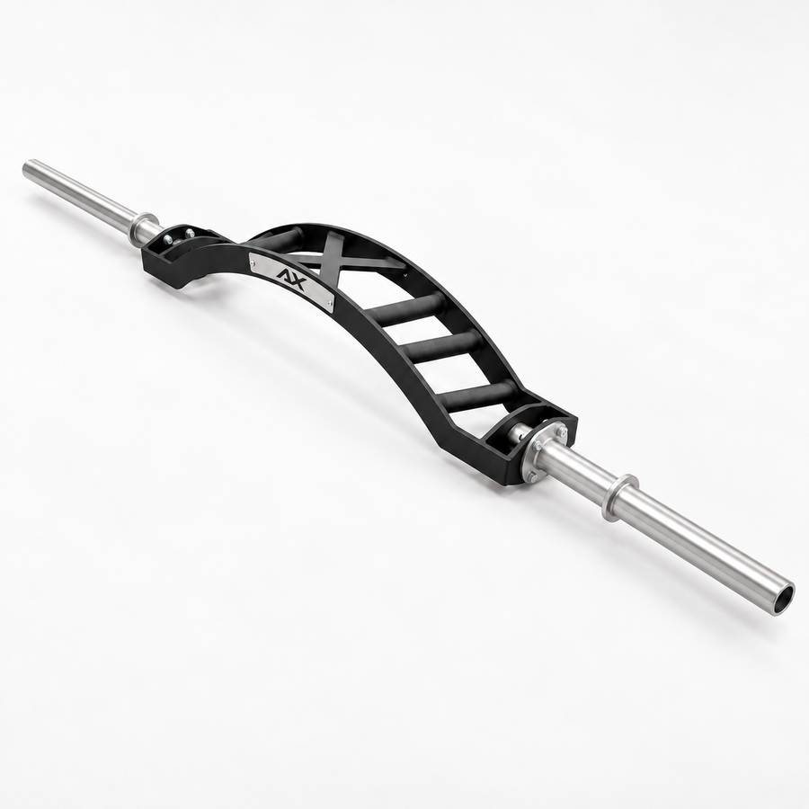 Axiom Strength Swiss Camber Bar with a black multi-grip frame, long chrome sleeves and raised chrome rings on a white background.