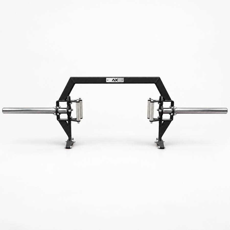 Axiom Strength open hex trap bar with a black frame, chrome loading sleeves, dual knurled handles and front-to-back jack feet.