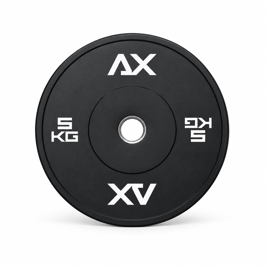 Axiom Strength Black Series 5kg rubber bumper plate on a white background