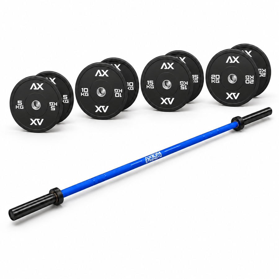 Axiom Strength Essential 120kg bumper package with blue Olympic barbell and Black Series plate pairs on a white background