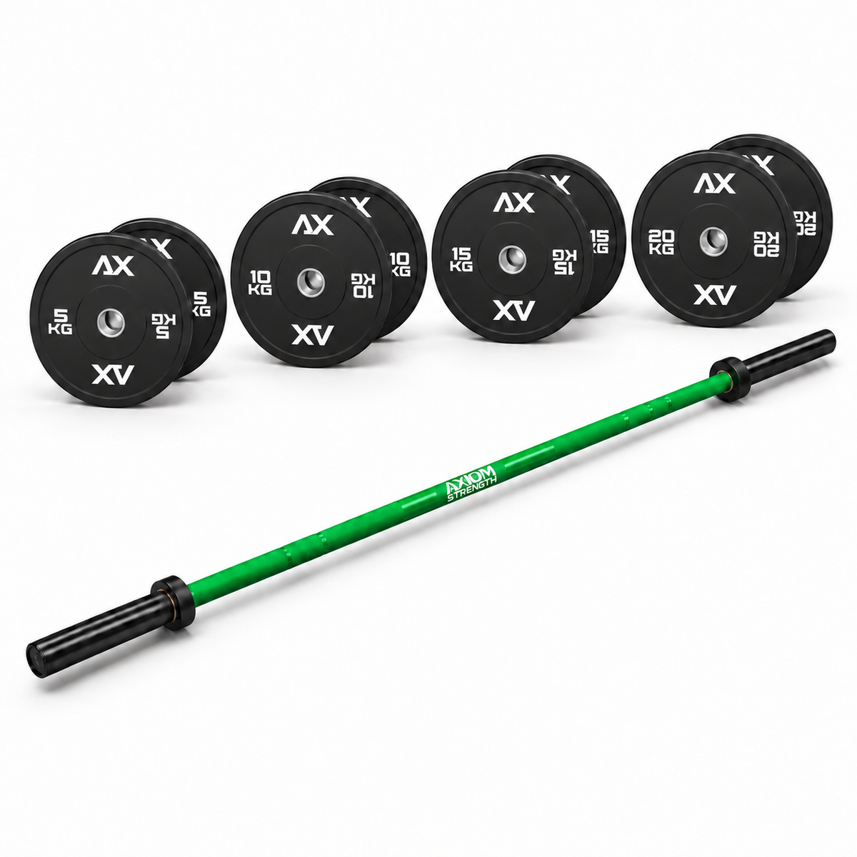 Axiom Strength Essential 120kg bumper package with green Olympic barbell and Black Series plate pairs on a white background