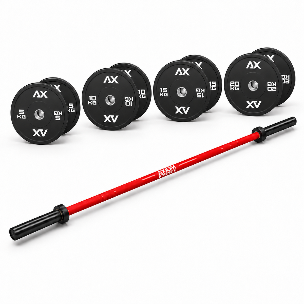 Axiom Essential Bumper Package with a red Olympic Cerakote barbell and black bumper plates, 120kg total