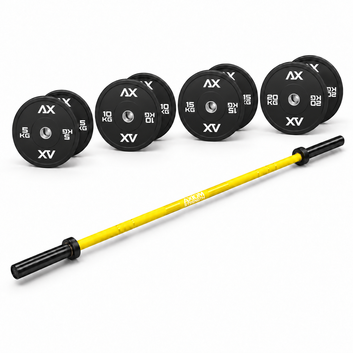 Axiom Strength Essential 120kg bumper package with yellow Olympic barbell and Black Series plate pairs on a white background