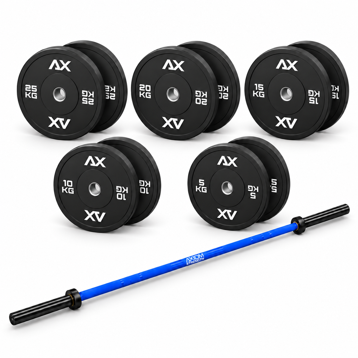 Axiom Strength Performance 170kg bumper package with blue Olympic barbell and Black Series plate pairs on a white background