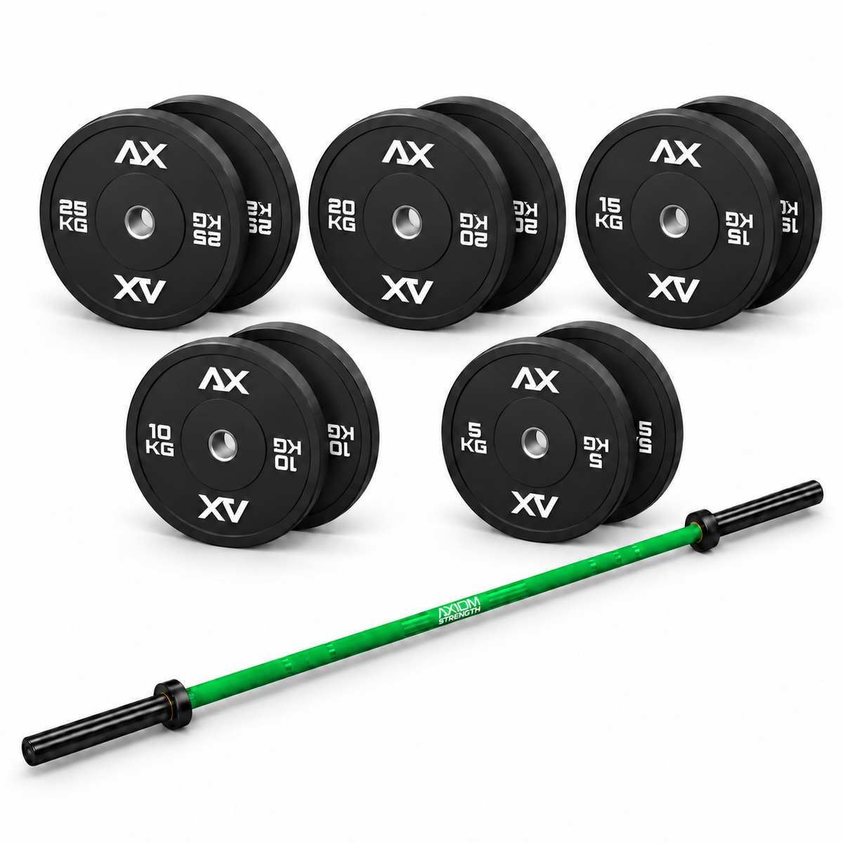 Axiom Strength Performance 170kg bumper package with green Olympic barbell and Black Series plate pairs on a white background