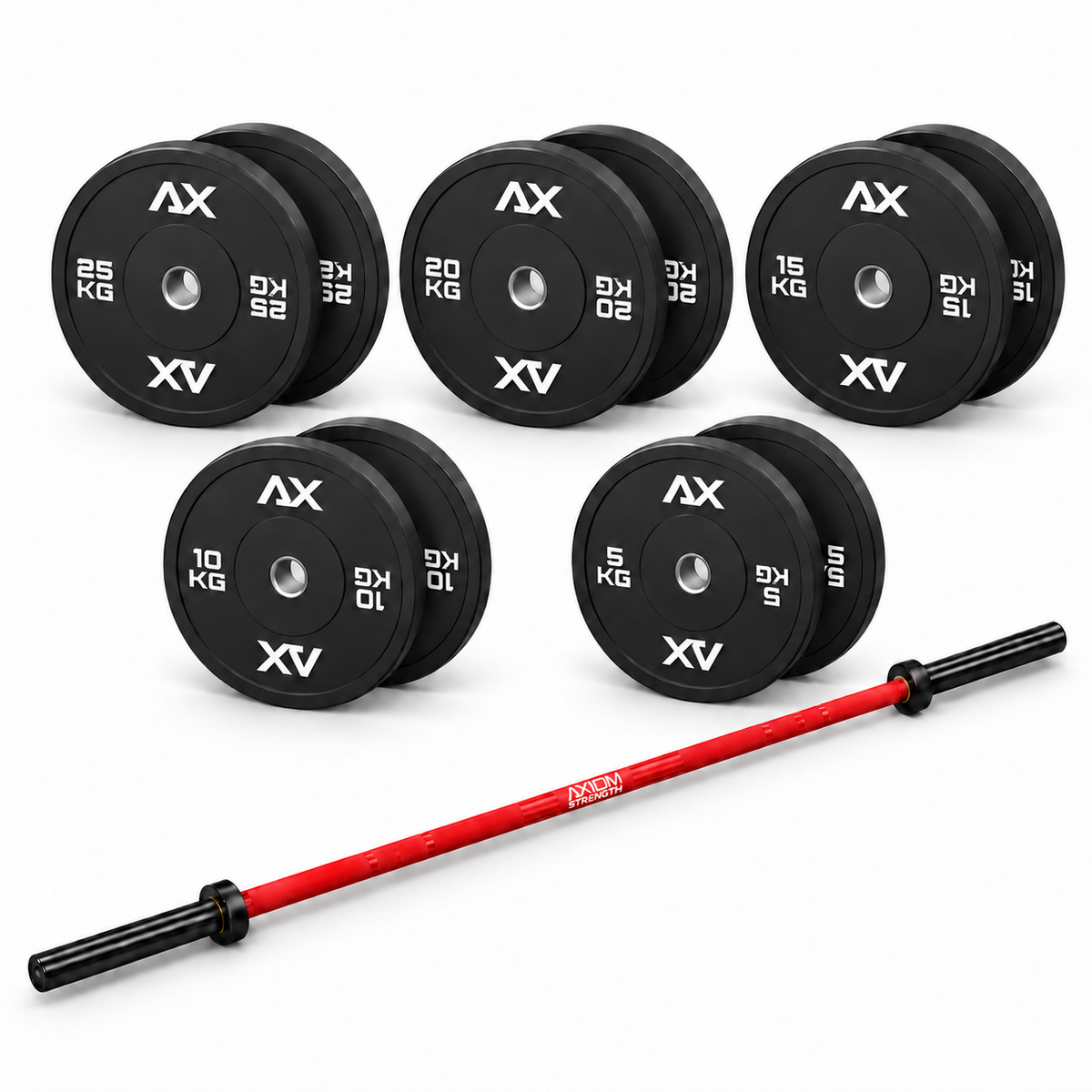 Axiom Strength Performance 170kg bumper package with red Olympic barbell and Black Series plate pairs on a white background