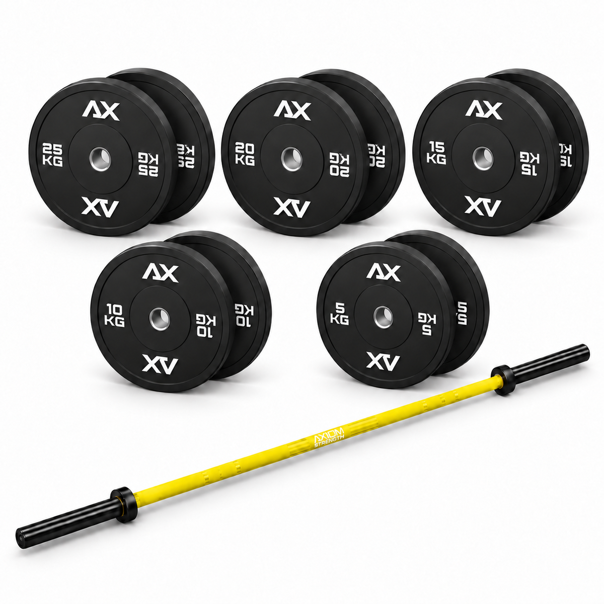 Axiom Strength Performance 170kg bumper package with yellow Olympic barbell and Black Series plate pairs on a white background