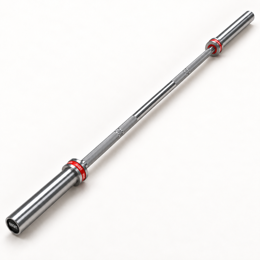 Axiom Strength women’s chrome Olympic barbell with red branded collars and recessed black end caps — full-length studio render.